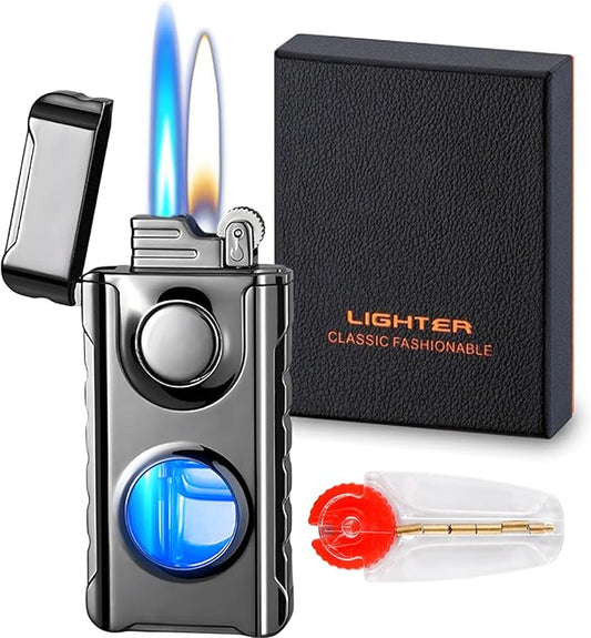 Creative Dual Flame Lighter with 6pcs Flint Stone, Windproof Lighter with Visible Fuel Tank, Adjustable Soft Flame and Jet Flame
